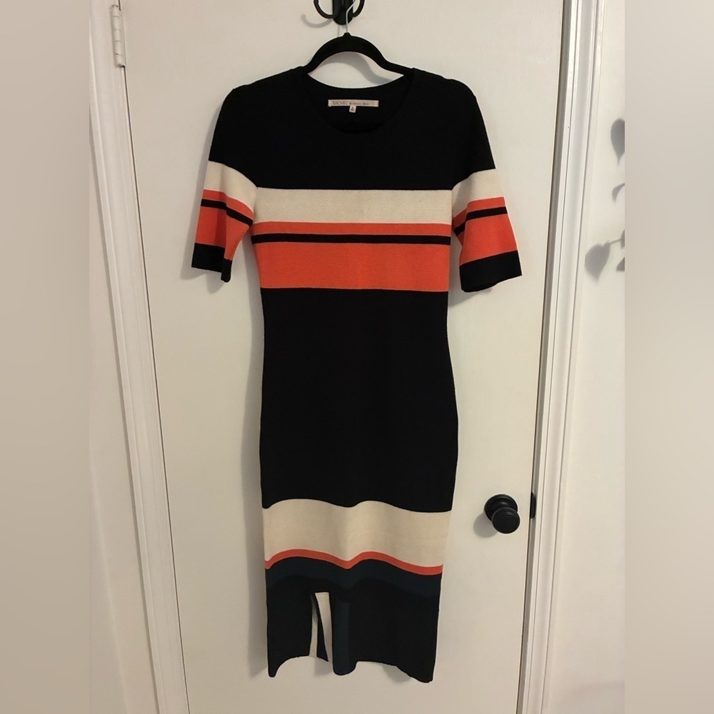 Rachel Roy Elegant Black and Orange Striped Wool Blend Dress Bodycon